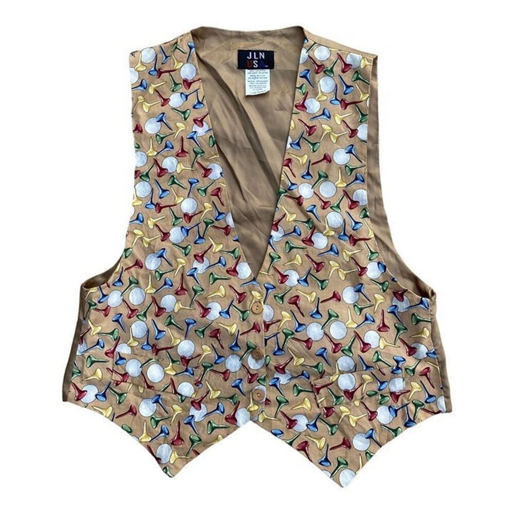 JLN USA Vintage Golf Vest Beige Tan Sleeveless Button Down V Neck Made in USA L